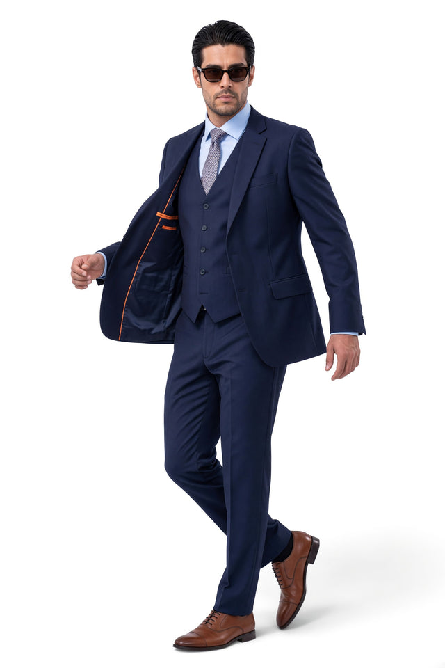 Vitarelli Italy navy suit with orange piping, style JS-8363