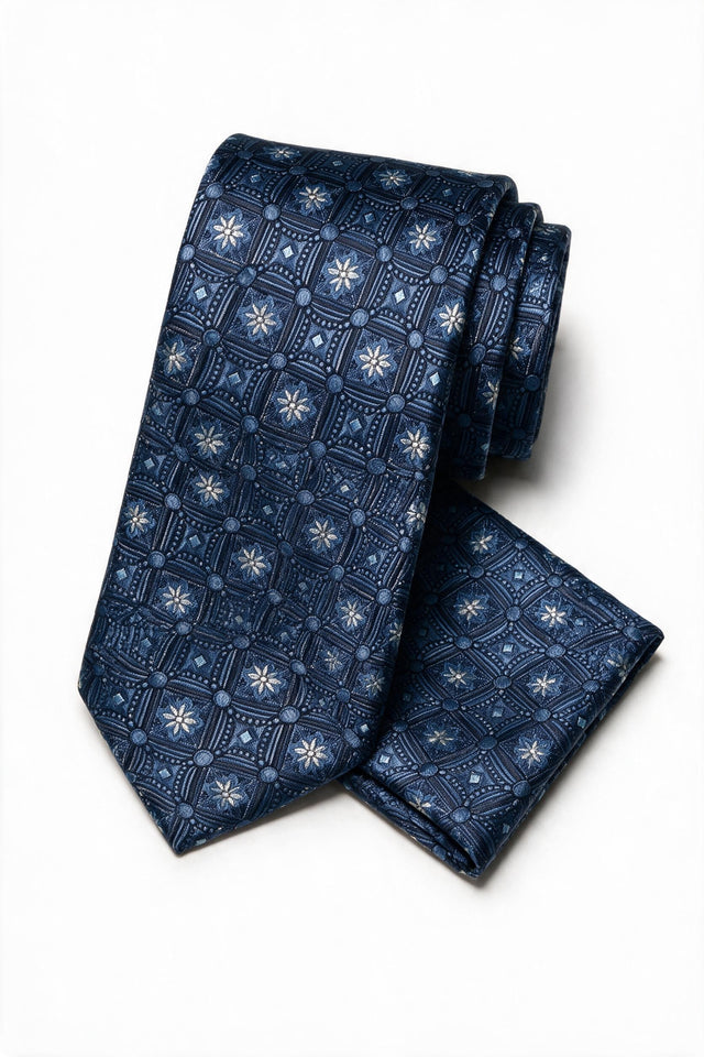 Premium Vitarelli 8cm patterned tie with pocket square
