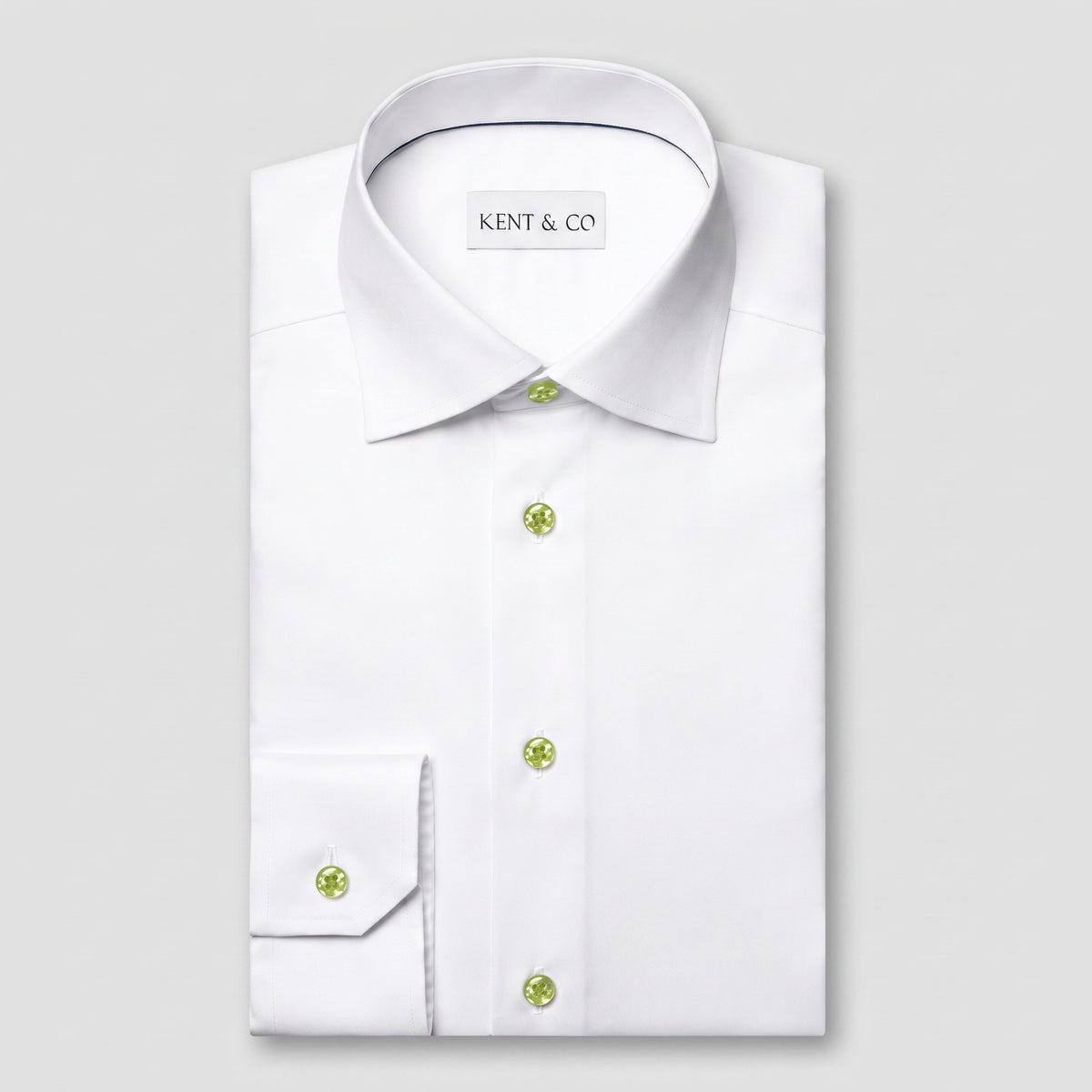 Kent & Co Elite white dress shirt with light green buttons