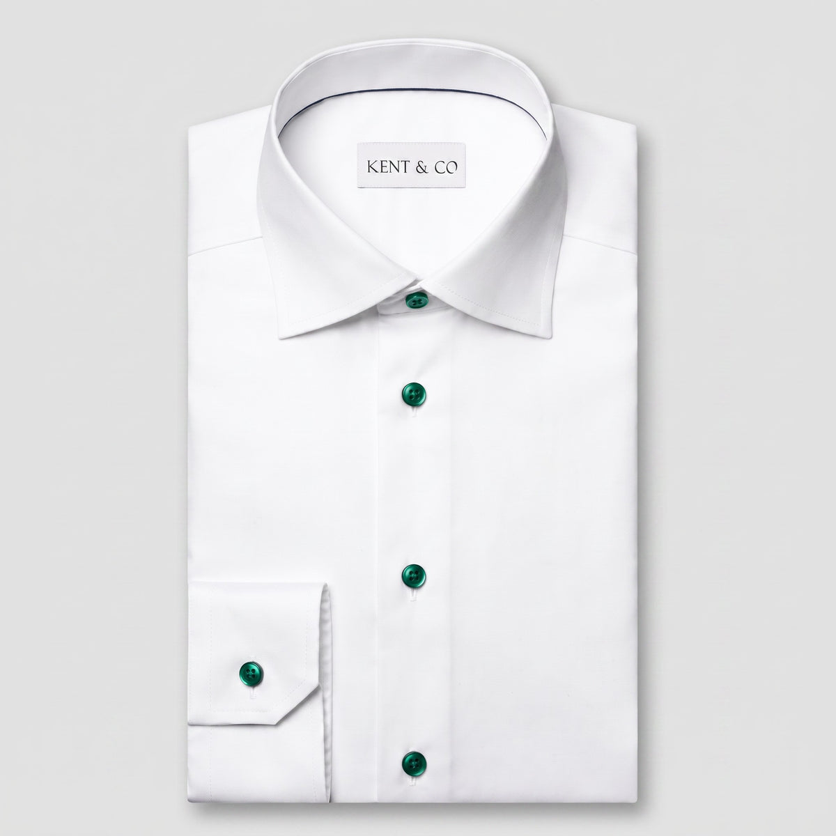 Kent & Co wrinkle-free white cotton dress shirt with emerald buttons