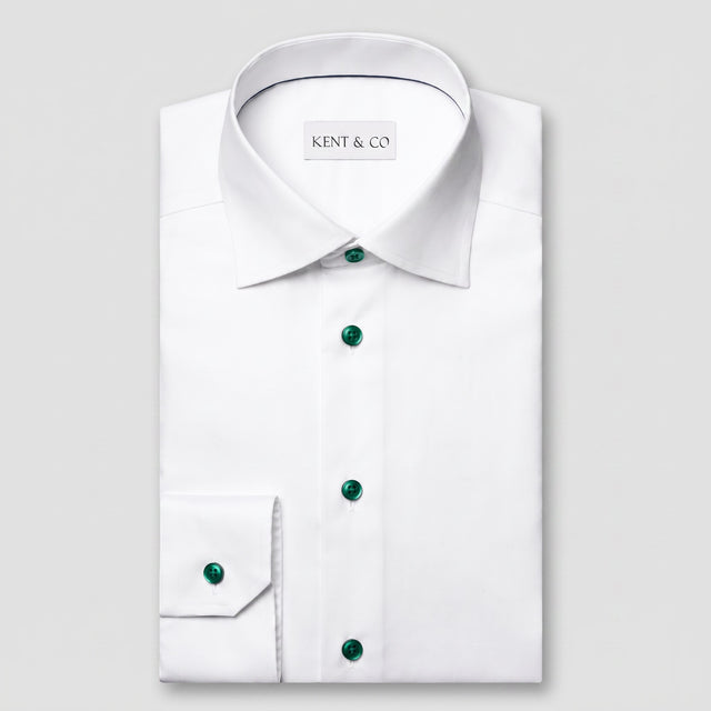 Kent & Co wrinkle-free white cotton dress shirt with emerald buttons