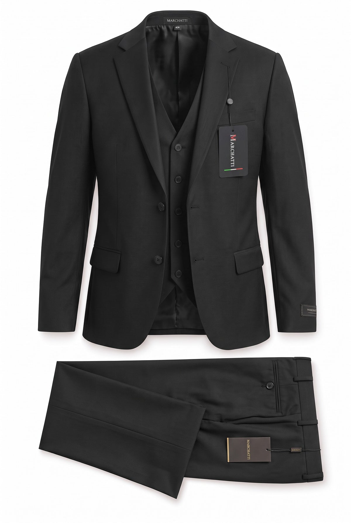 Marchatti 220 slim fit 3-piece suit with vest in black