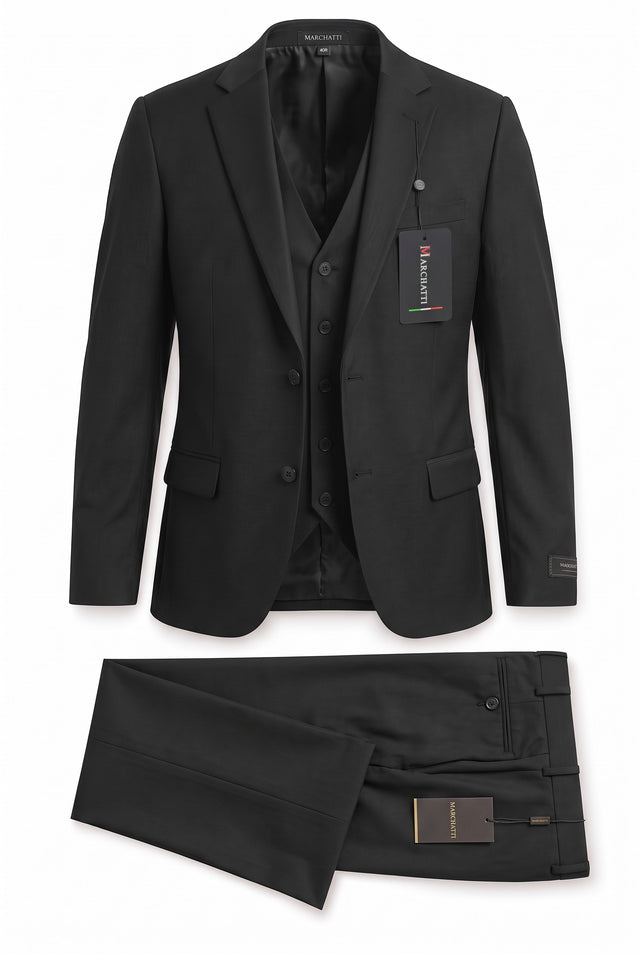 Marchatti 220 slim fit 3-piece suit with vest in black