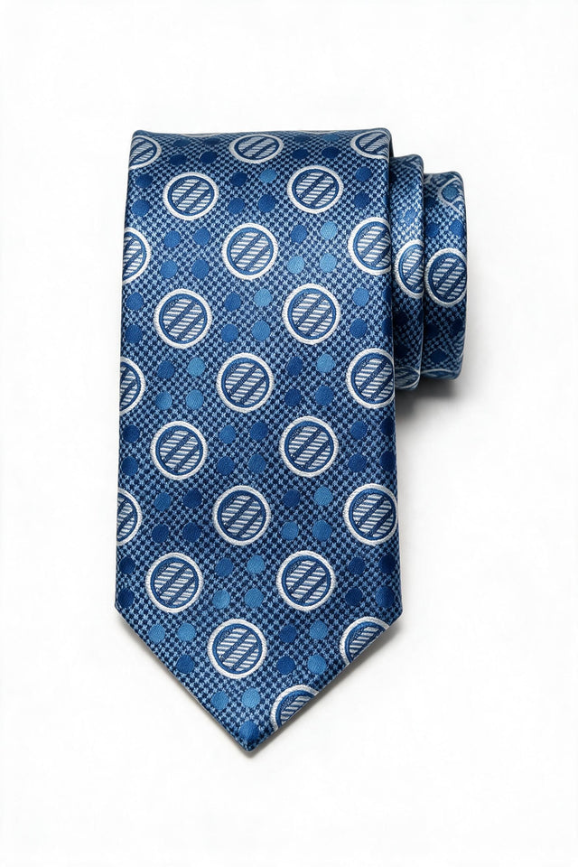 8cm patterned tie with pocket square, circle medallions