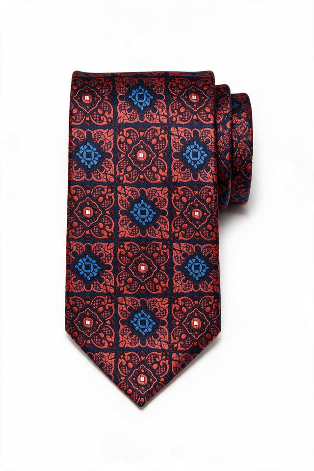 8cm patterned tie with pocket square, medallion print