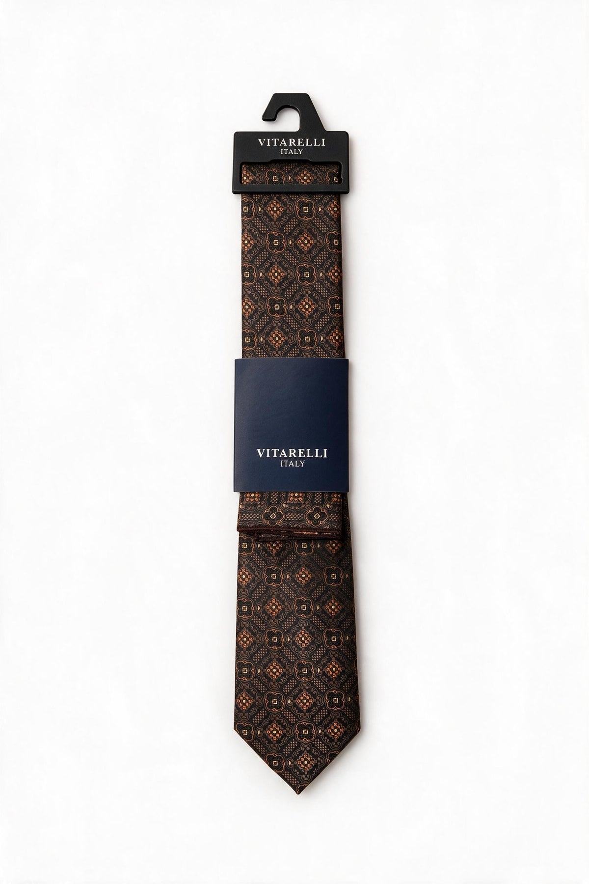 Premium Vitarelli 8cm tie with pocket square, copper medallion