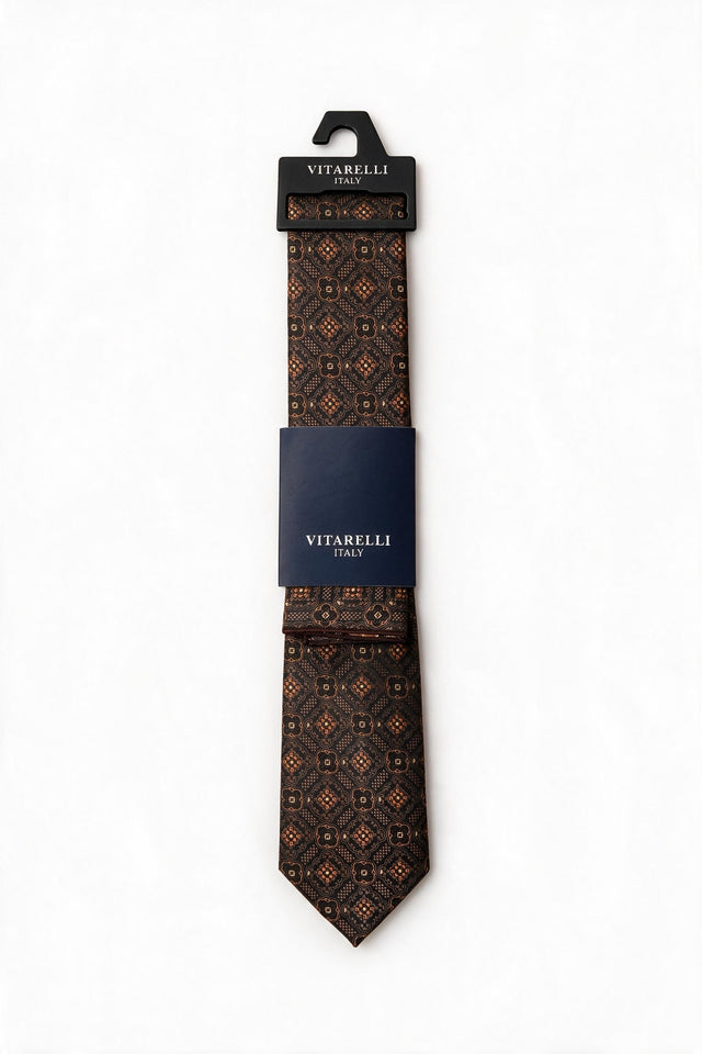 Premium Vitarelli 8cm tie with pocket square, copper medallion