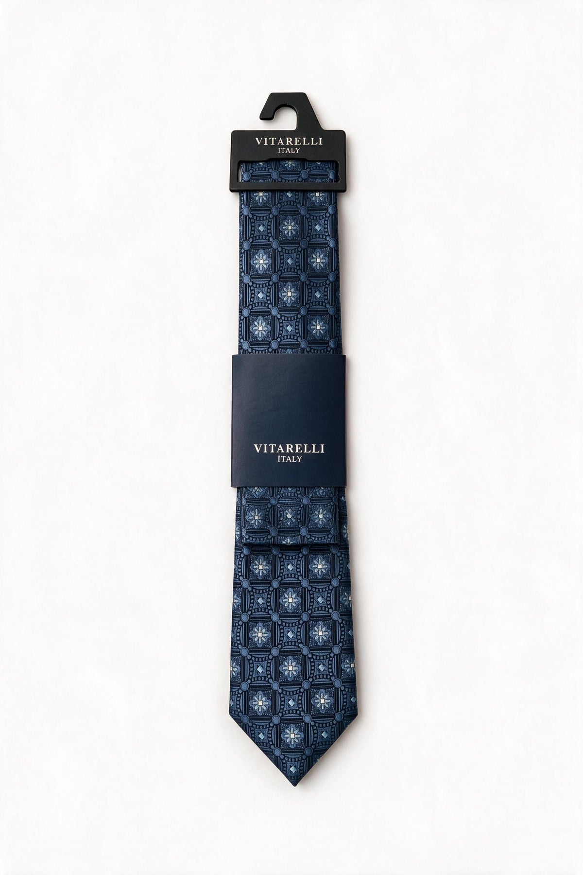 Premium Vitarelli 8cm tie with pocket square, grid medallion