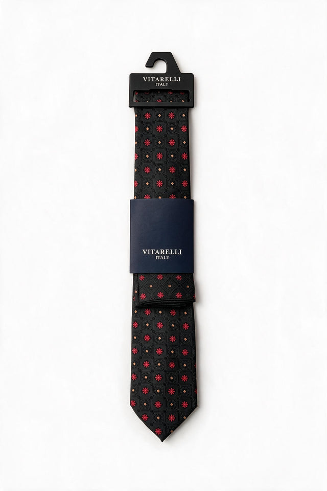 Premium Vitarelli 8cm tie with pocket square, neat floral