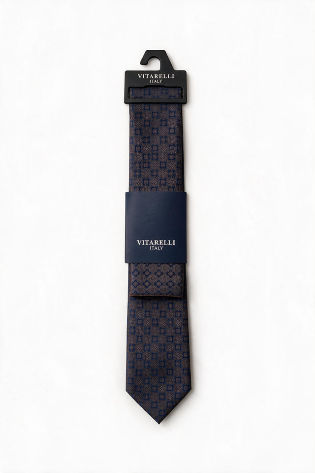 Premium Vitarelli 8cm patterned tie with pocket square