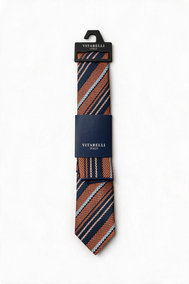 Premium Vitarelli 8cm tie with pocket square, repp stripe