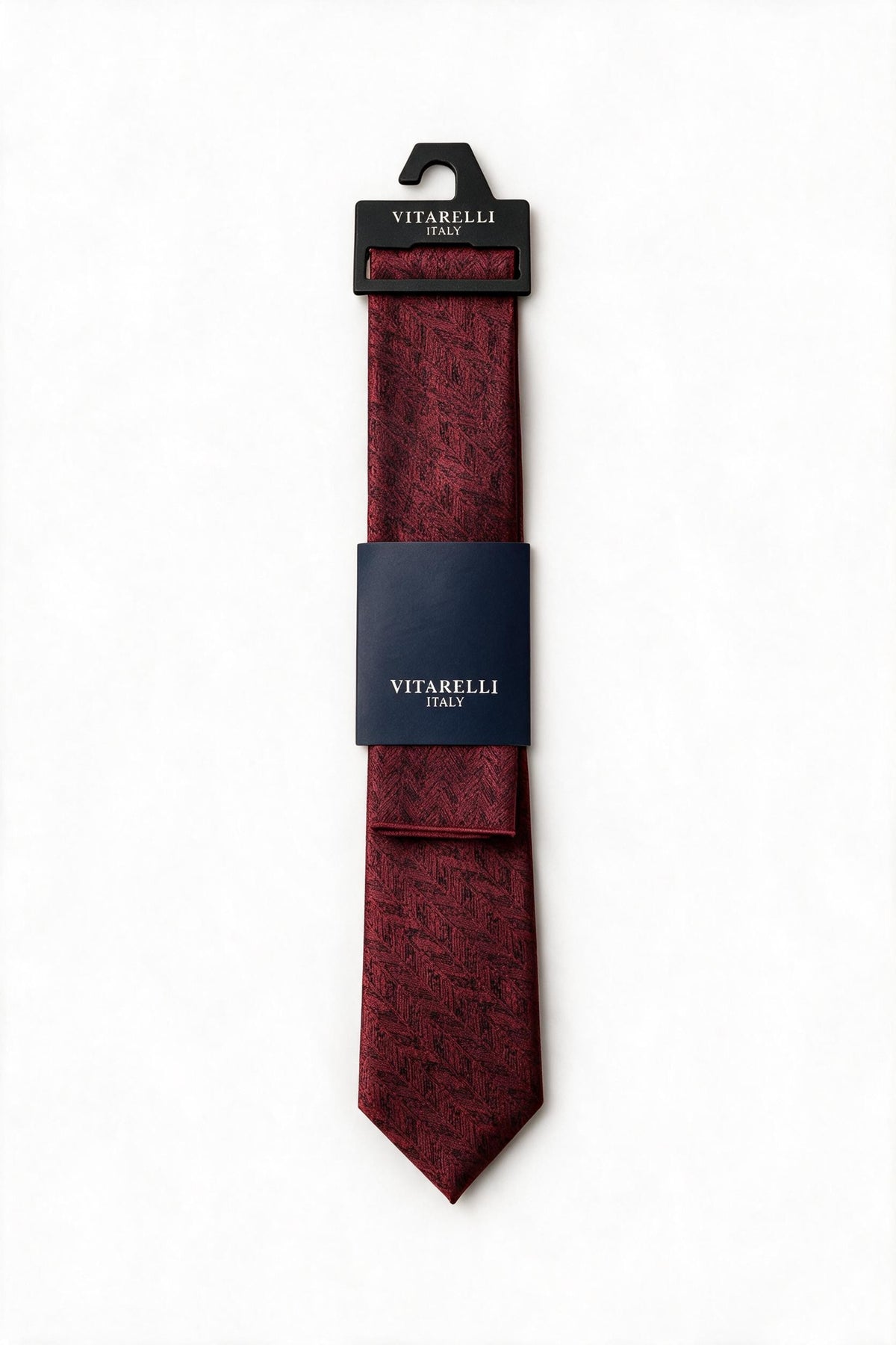 Premium Vitarelli 8cm tie with pocket square, tonal herringbone