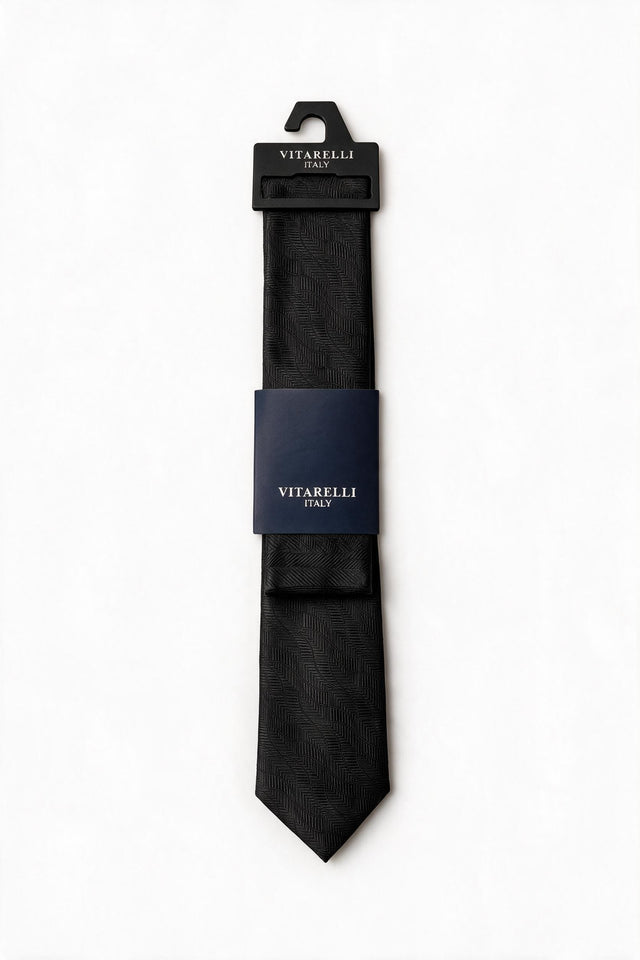 Premium Vitarelli 8cm tie with pocket square, wavy herringbone