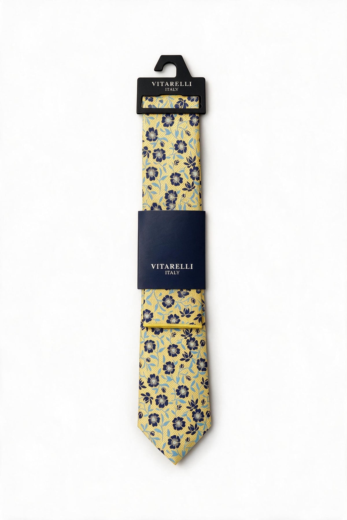 Premium Vitarelli 8cm tie with pocket square, yellow blossom