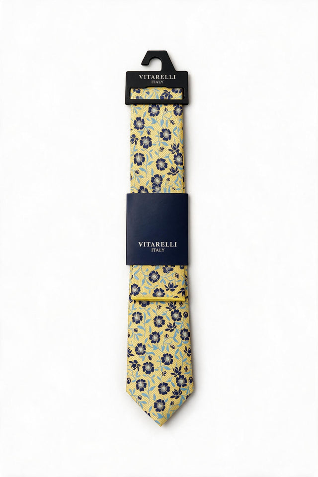 Premium Vitarelli 8cm tie with pocket square, yellow blossom
