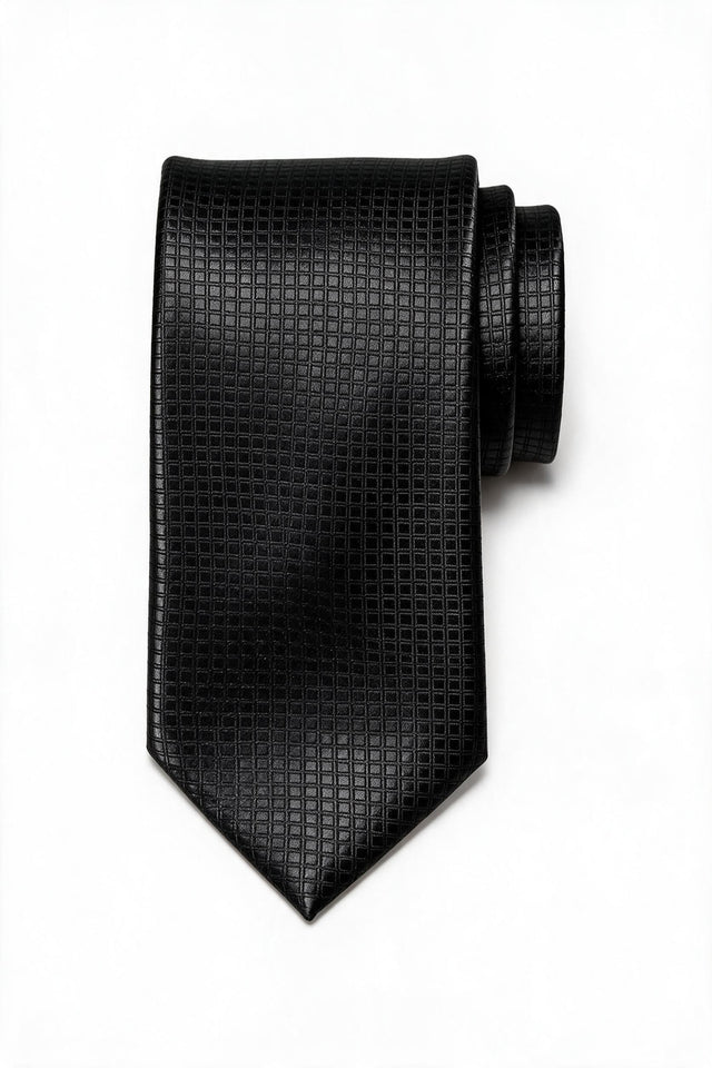7.5cm square-pattern tie with pocket square in black