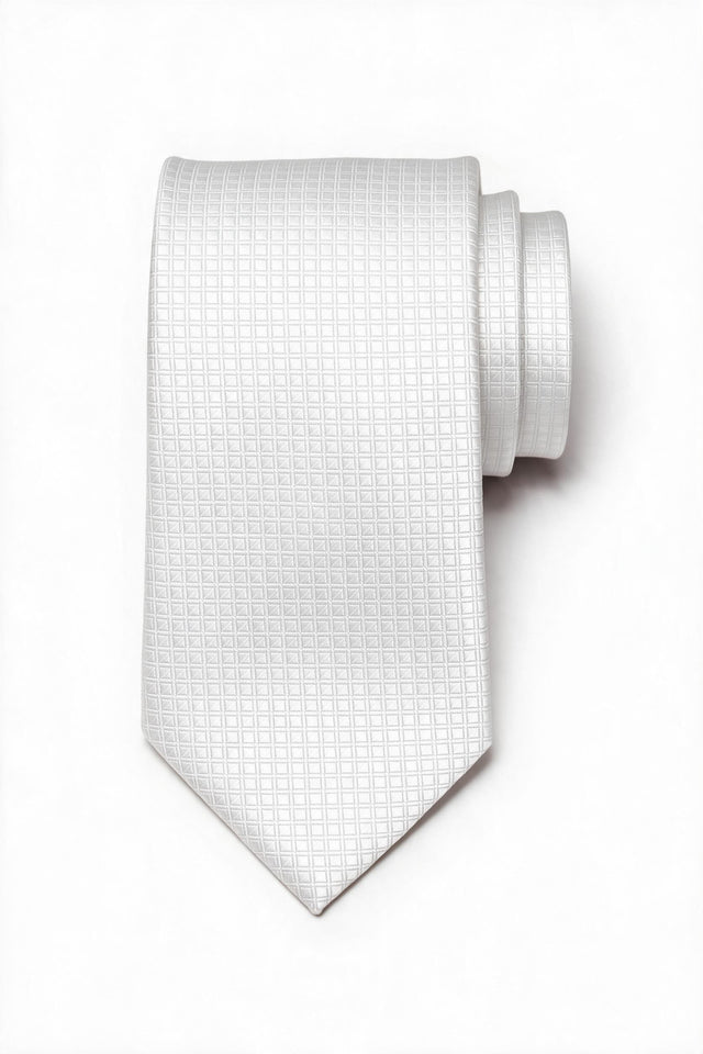 7.5cm square-pattern tie with pocket square in white