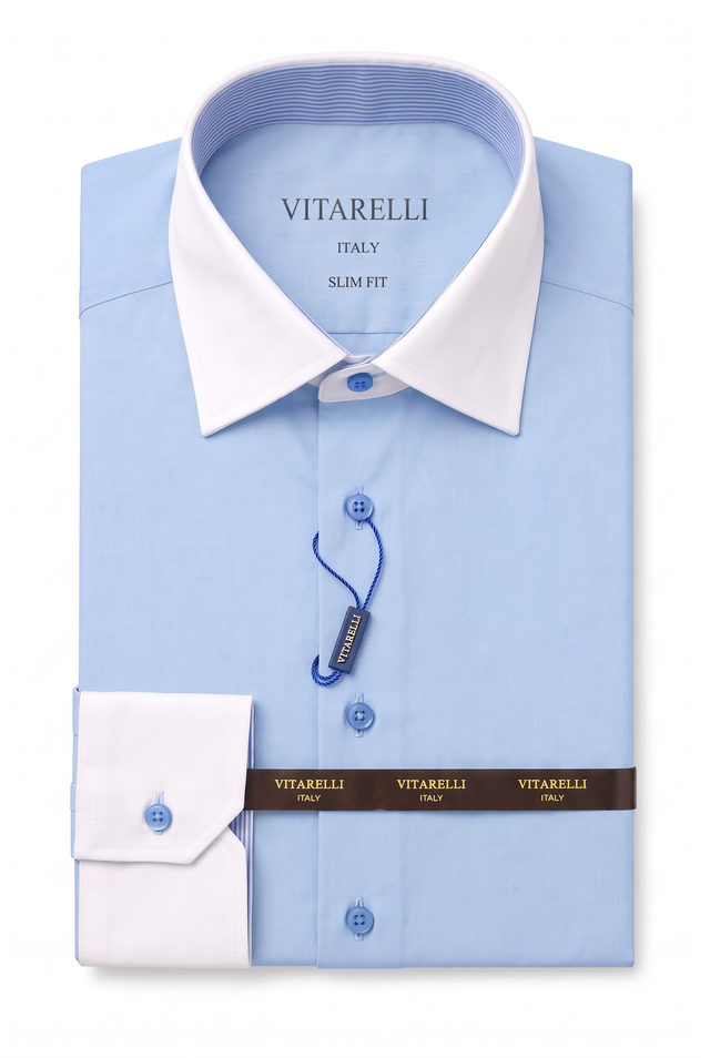 Two-tone combo dress shirt in blue and white