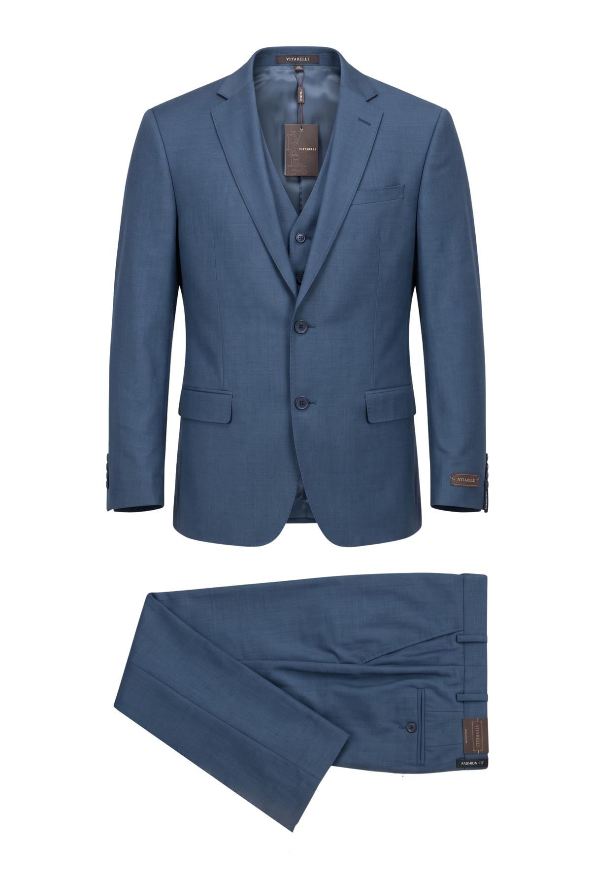 Vitarelli sharkskin 3-piece suit with vest in blue, style 27492