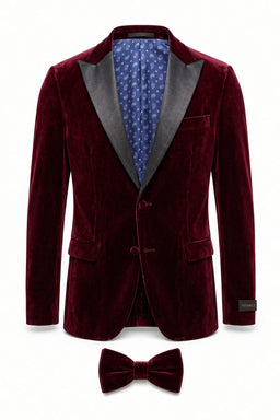 Vitarelli Velvet Peak Lapel Jacket, Vest & Bow Tie Set – Burgundy (YF07BURSB1VBT)