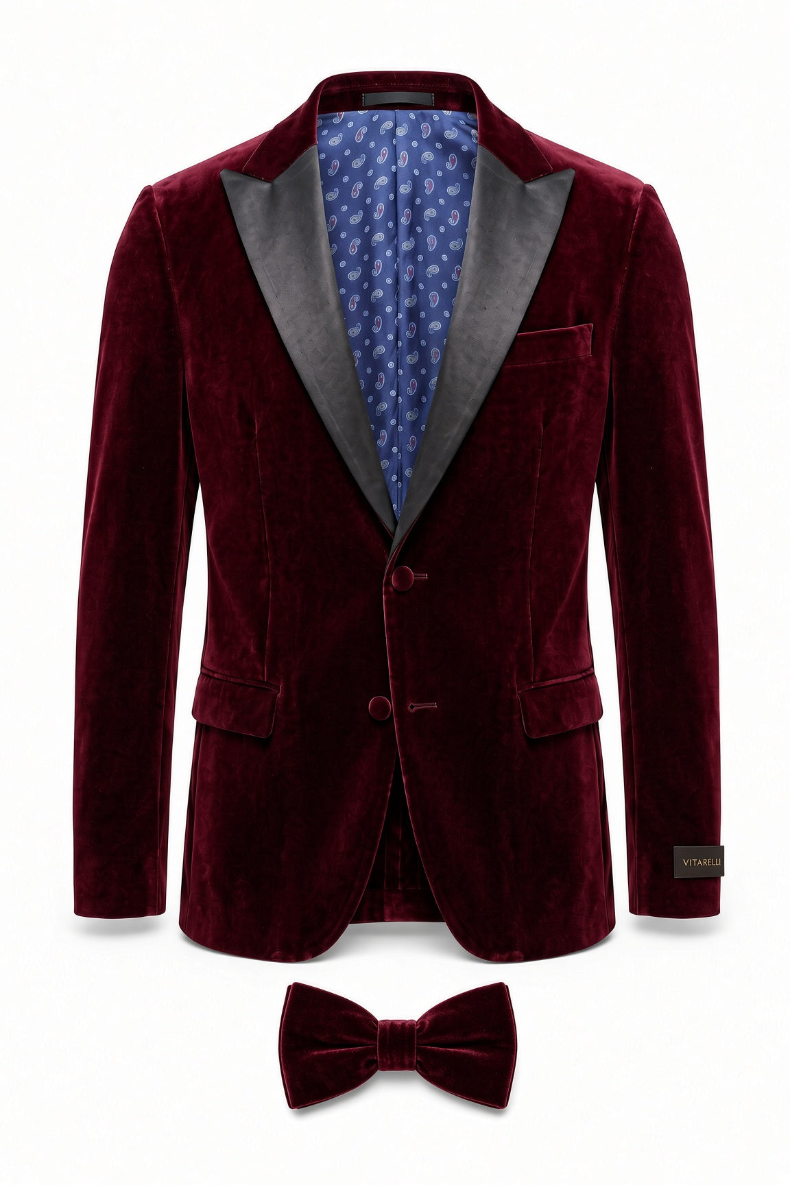 Vitarelli burgundy velvet tuxedo set with vest and bow tie, style YF07BURSB1VBT