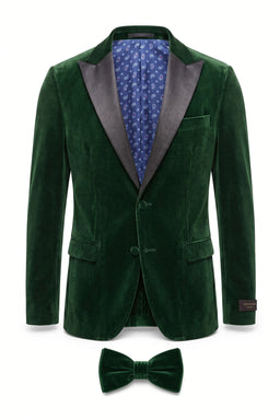 Vitarelli Velvet Peak Lapel Jacket, Vest & Bow Tie Set – Green (YF08GRNSB1VBT)