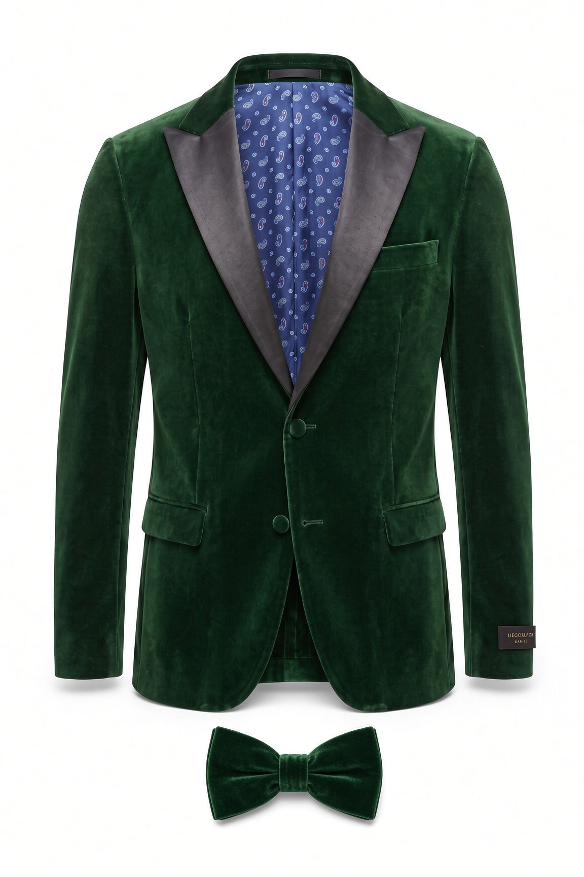 Vitarelli Velvet Peak Lapel Jacket, Vest & Bow Tie Set – Green (YF08GRNSB1VBT)