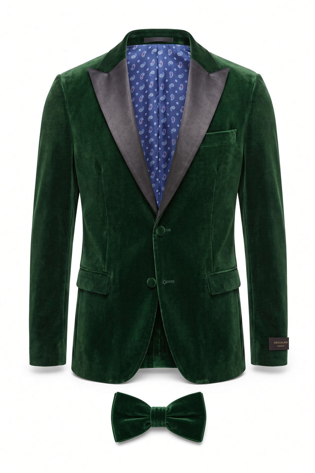 Vitarelli green velvet tuxedo set with vest and bow tie, style YF08GRNSB1VBT